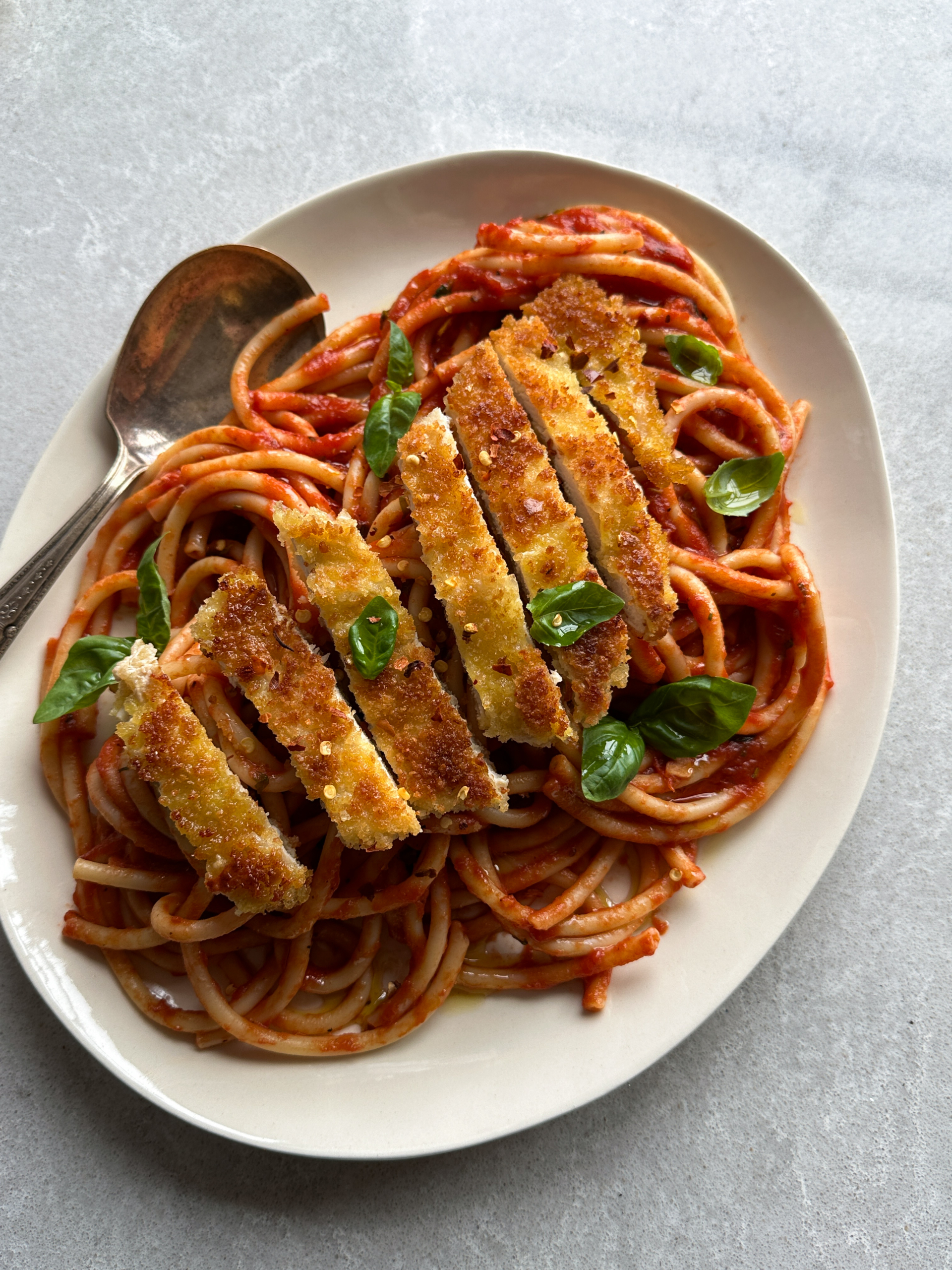 Spicy Tomato Pasta with Crispy Chicken