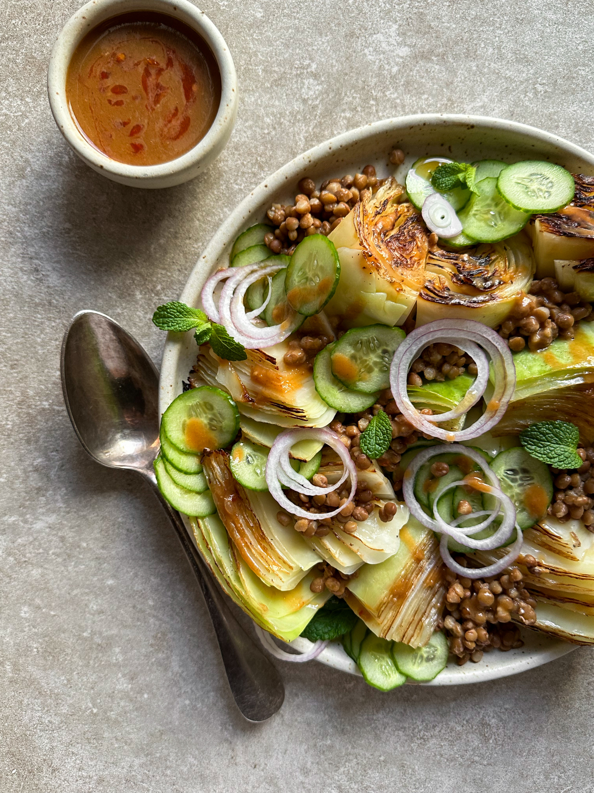 Grilled Cabbage Salad with Lentils and Miso Peanut Butter Dressing