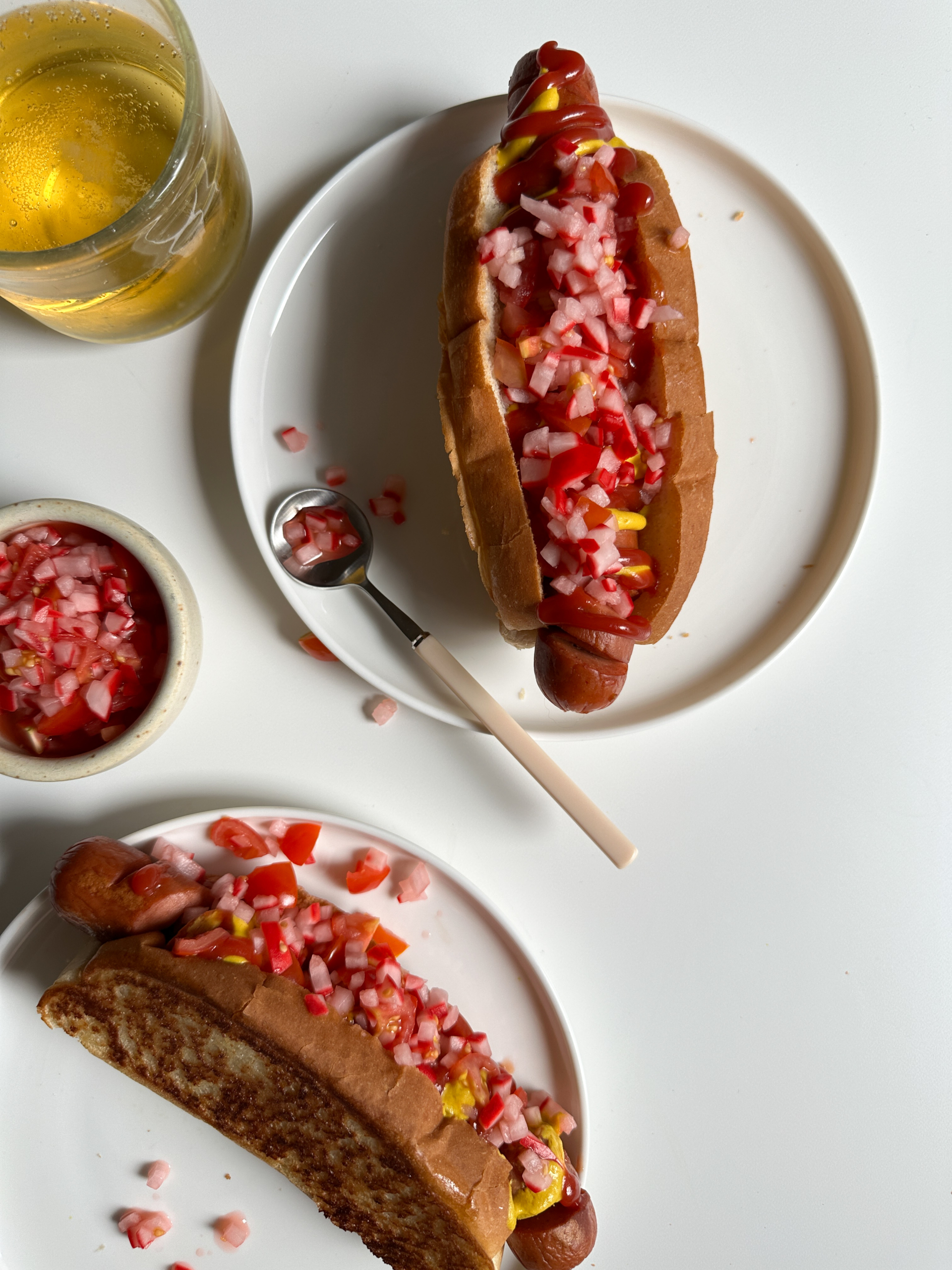 Spiral Hot Dog with Radish and Tomato Salsa