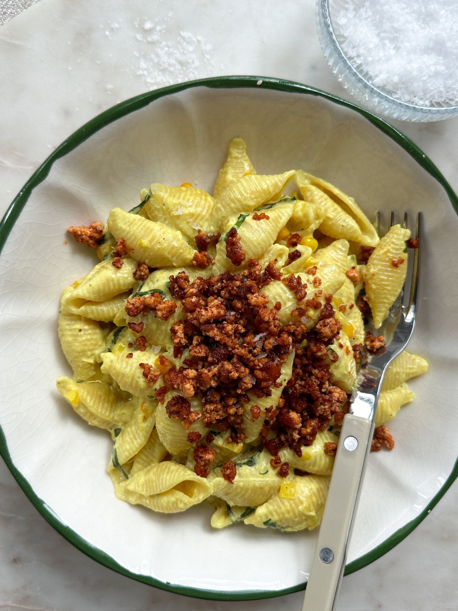 Creamy Corn Pasta with Tofu Chorizo