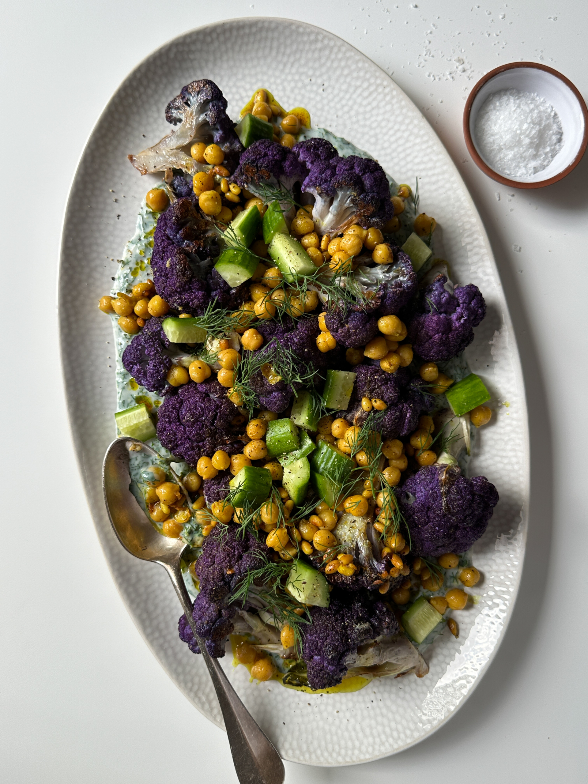 Roasted Cauliflower with Herby Yogurt and Curried Garlic Chickpeas