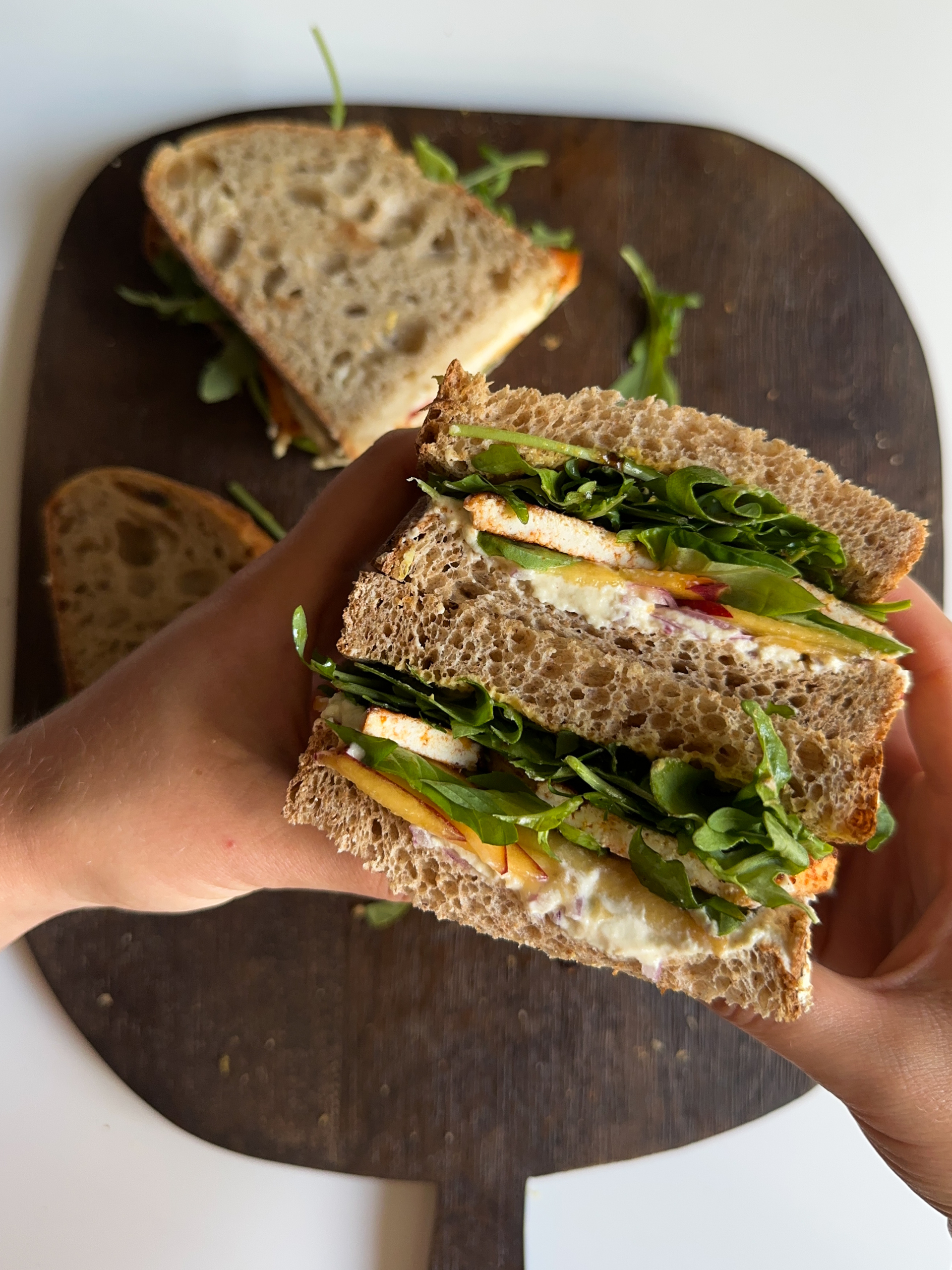 Vegetarian Sandwich with Cashew Ricotta, Spicy Tofu and Nectarines