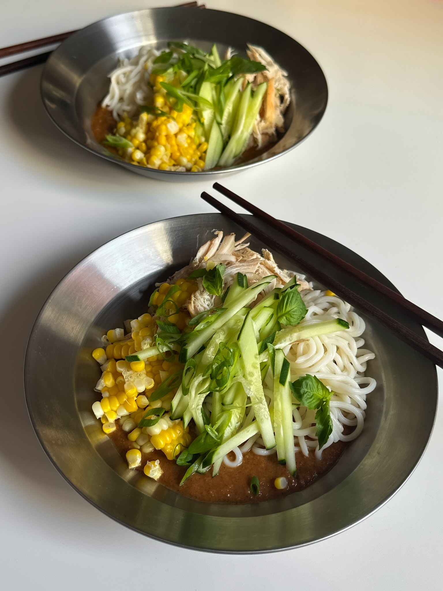 Chicken and Corn Ramen Bowl with Peanut and Ginger Sauce