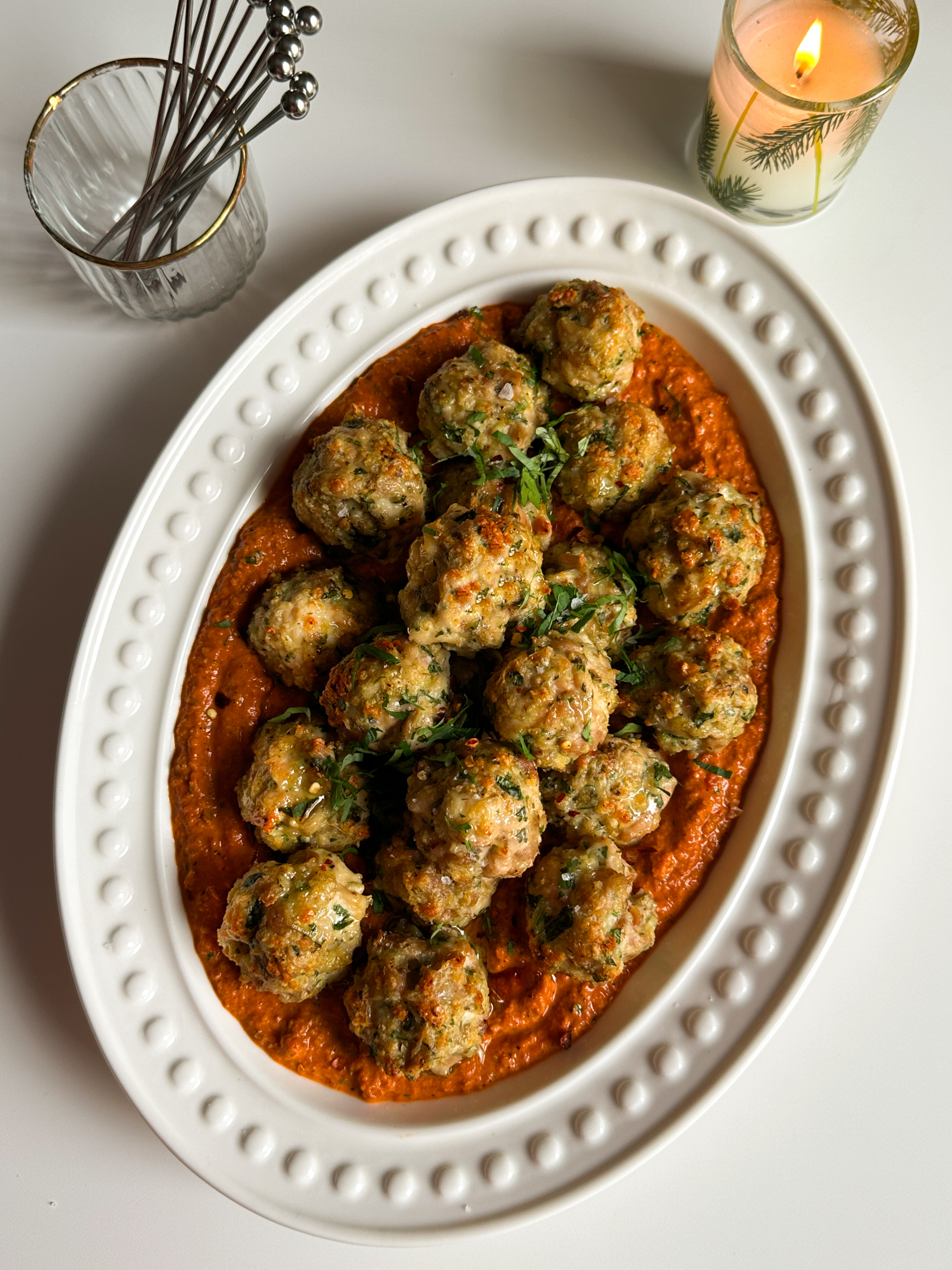 Chicken Meatballs with Romesco Sauce