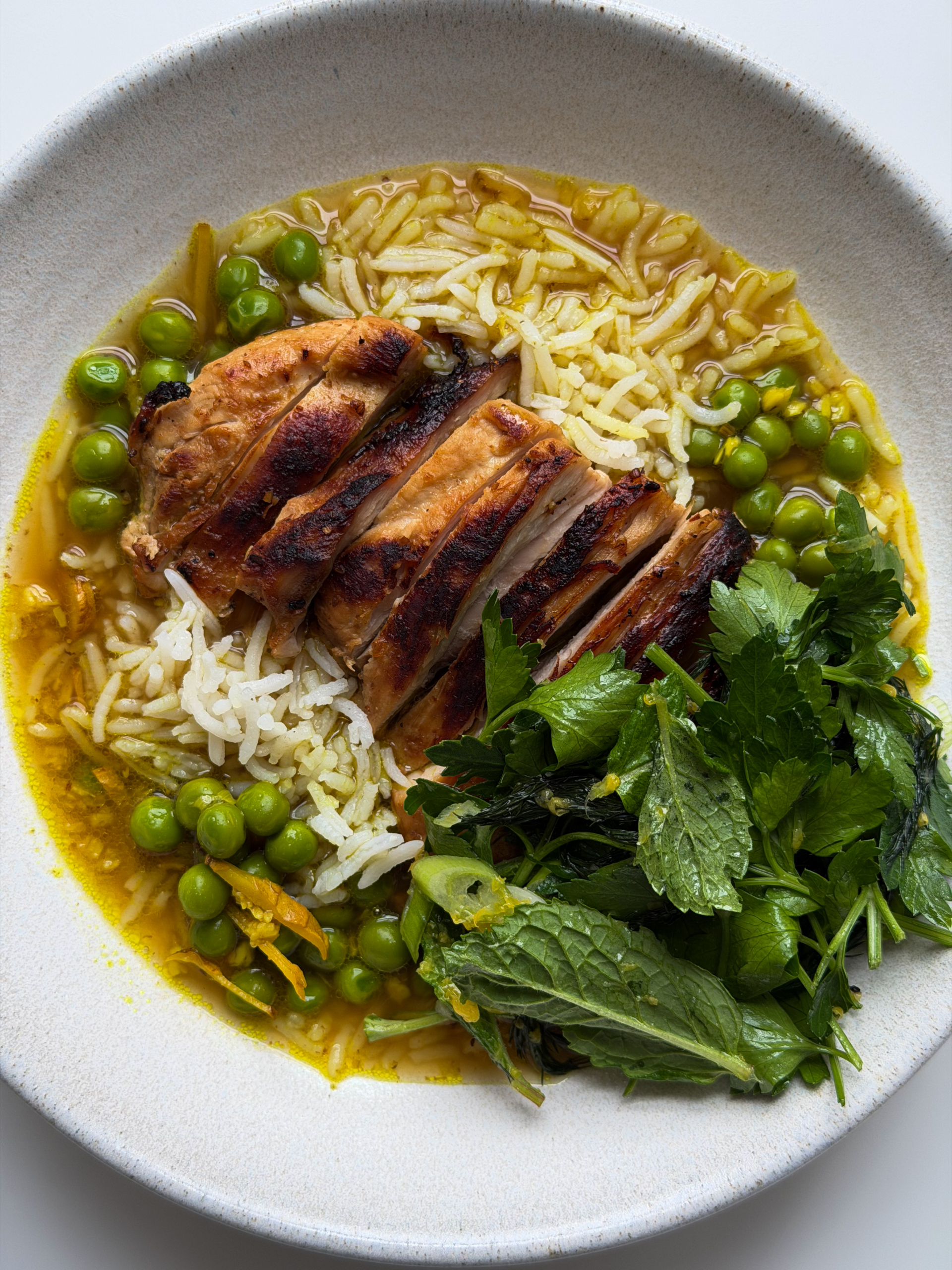 Chicken and Rice in Broth and Herb Salad