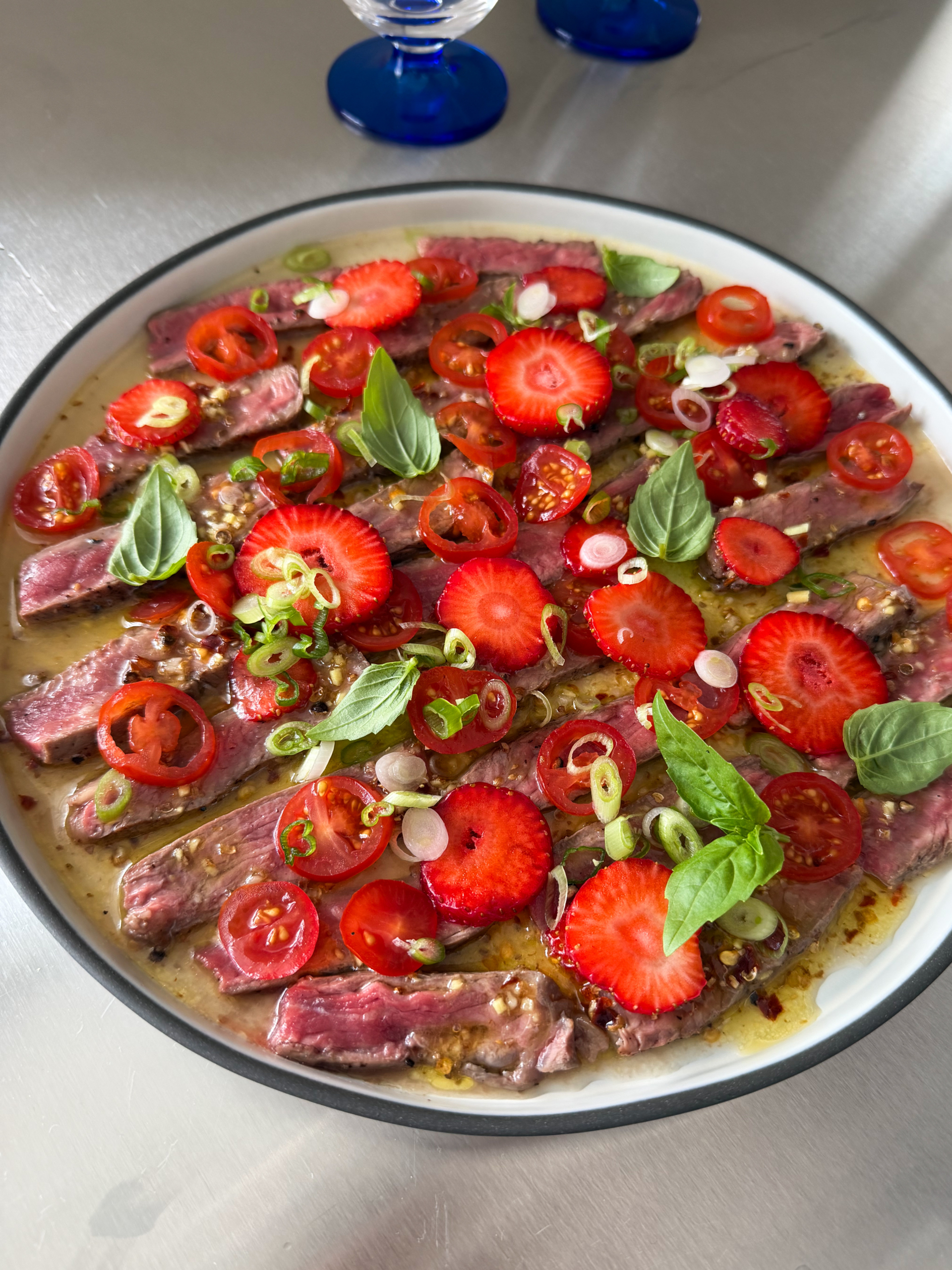 Beef Tataki with Strawberries and Cherry Tomatoes