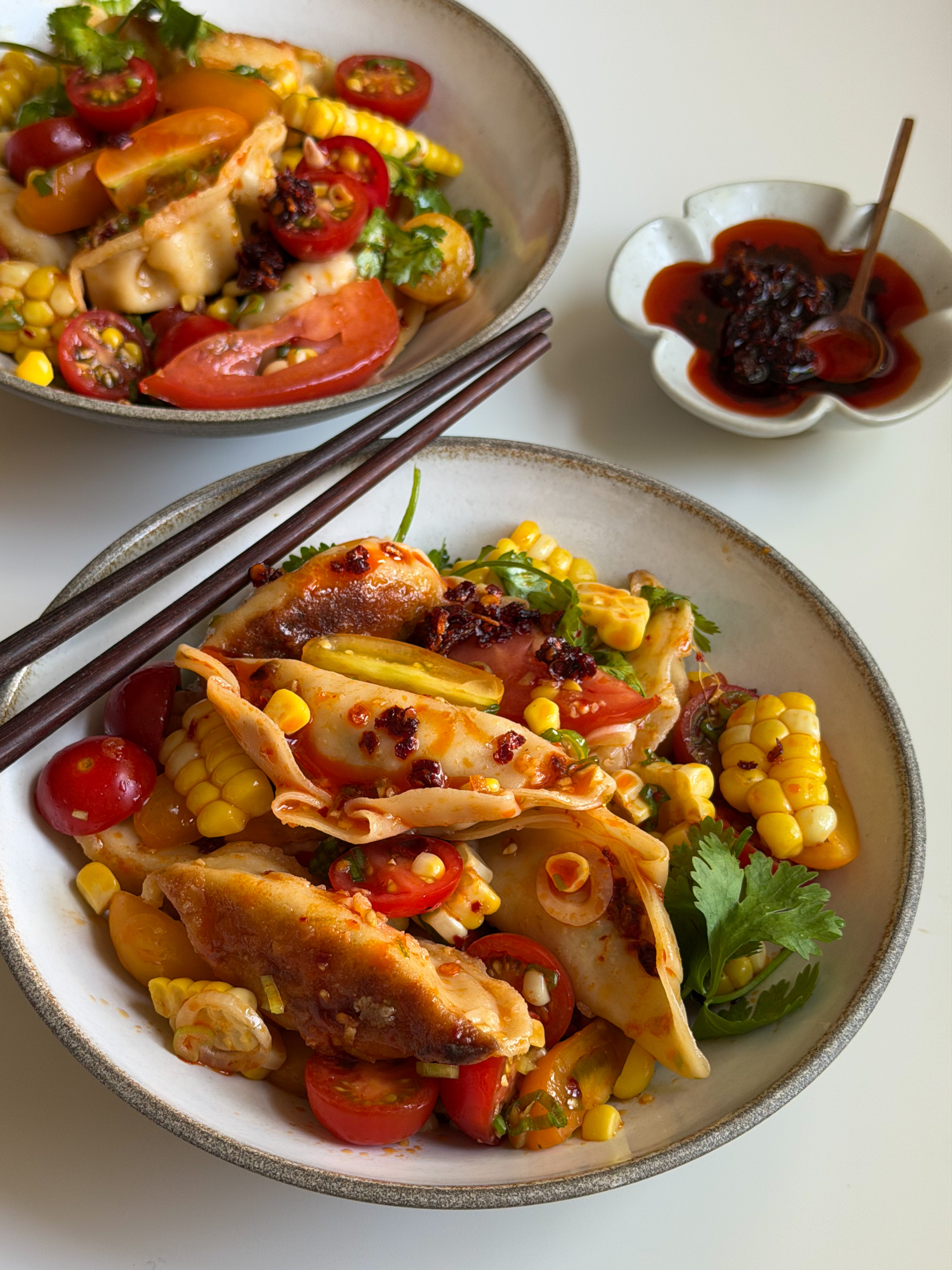 Corn Dumpling Salad with Tomatoes and Ginger